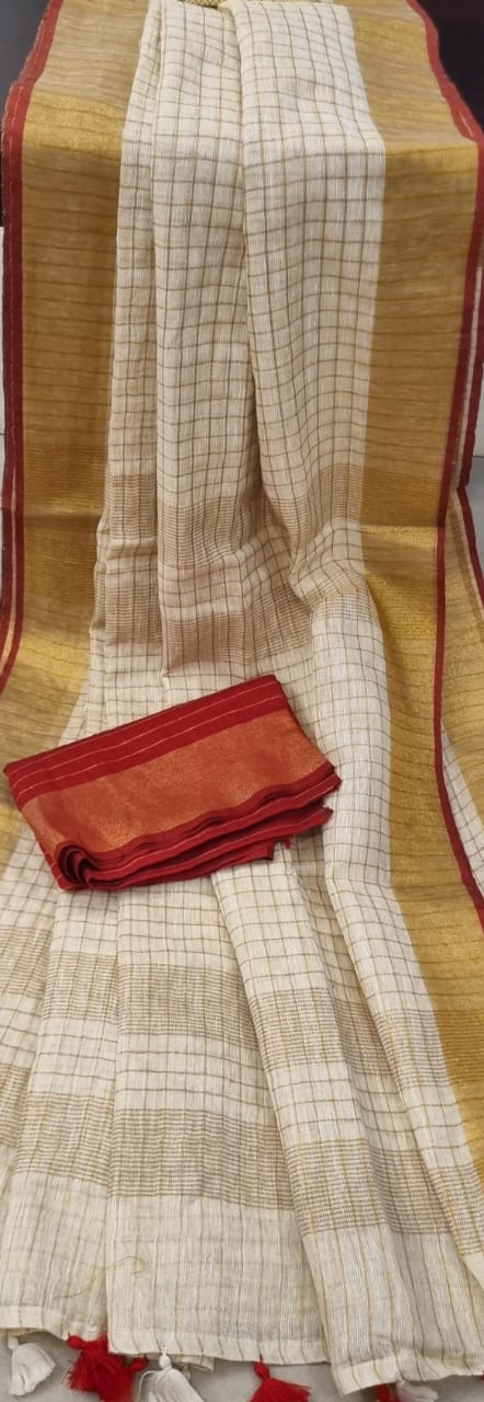 Pure Linen Checked Saree with Gold Zari Border – Traditional Onam Special | Handwoven Festive Saree