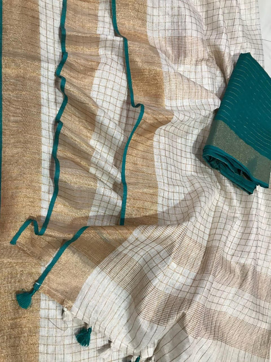 Pure Linen Checked Saree with Gold Zari Border – Traditional Onam Special | Handwoven Festive Saree