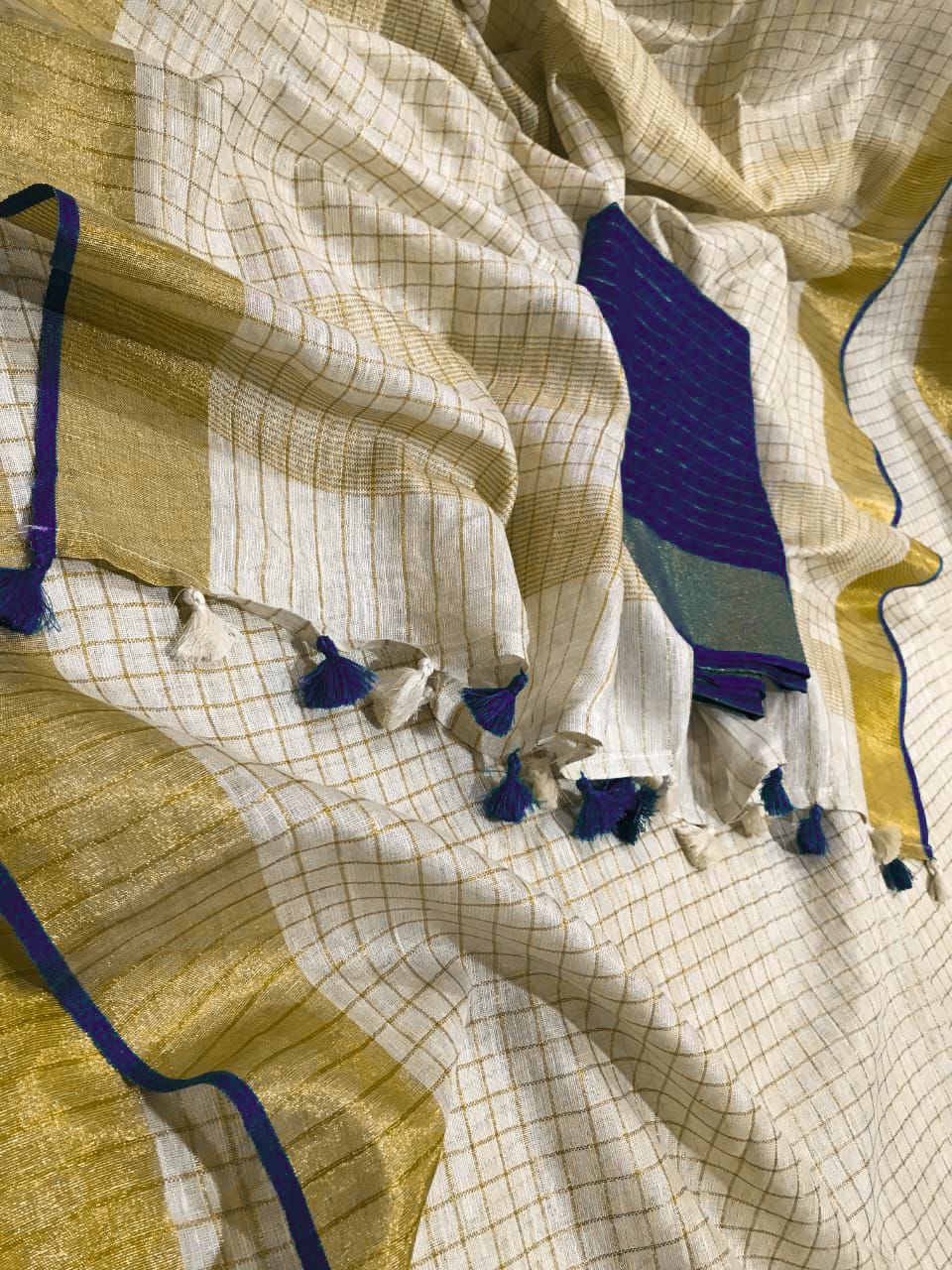 Pure Linen Checked Saree with Gold Zari Border – Traditional Onam Special | Handwoven Festive Saree