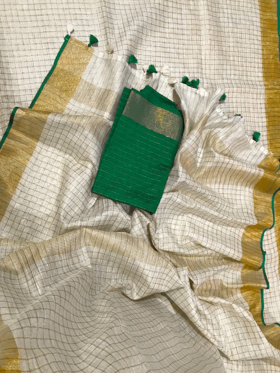 Pure Linen Checked Saree with Gold Zari Border – Traditional Onam Special | Handwoven Festive Saree