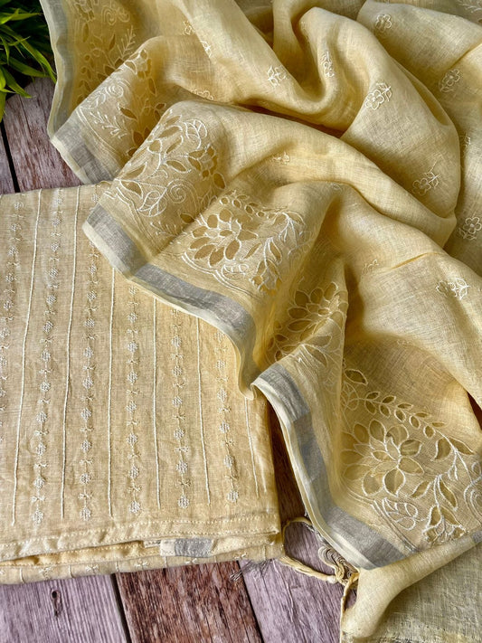 Pure Linen Hand Cutwork Embroidery Suit – Elegant and Timeless Craftsmanship